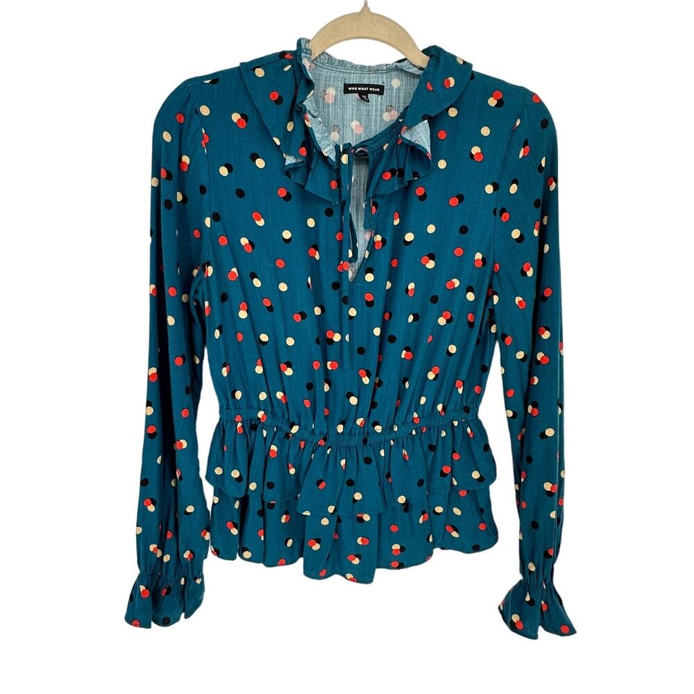 Who What Wear Size XS Teal Green Multicolor Polka Dot Ruffled Blouse Twee Retro